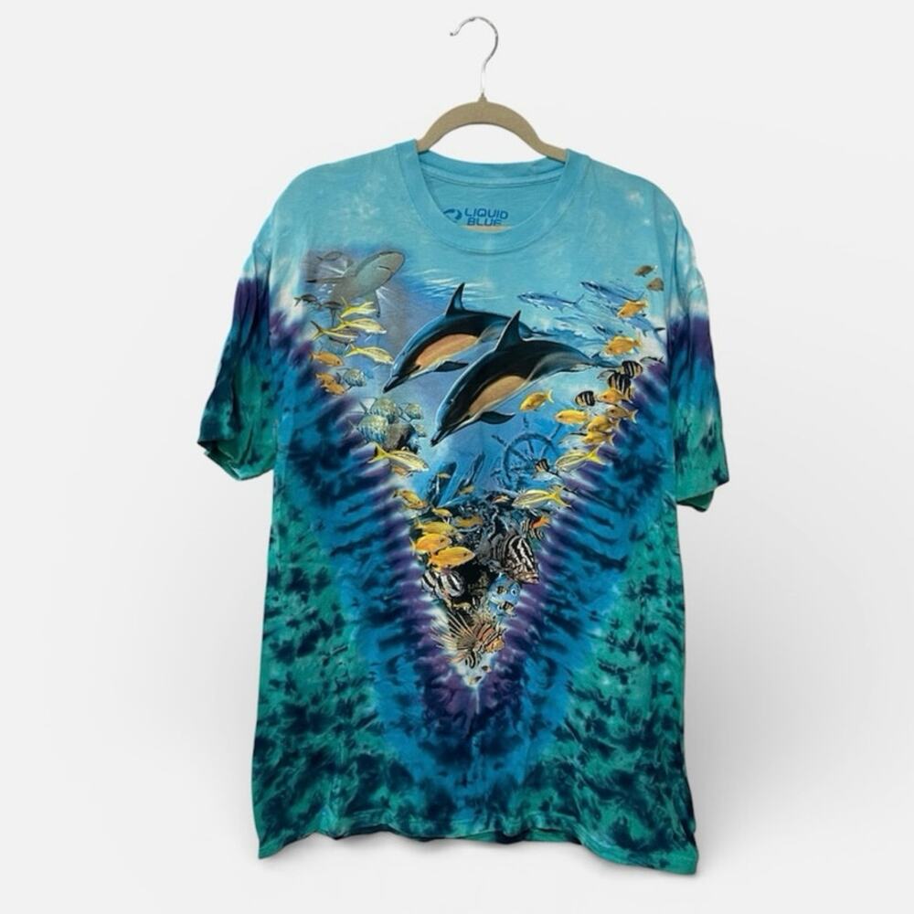 Liquid Blue 2000 y2k Vintage Tie-Dye Ocean Life Graphic T-Shirt XXL Fish Nature